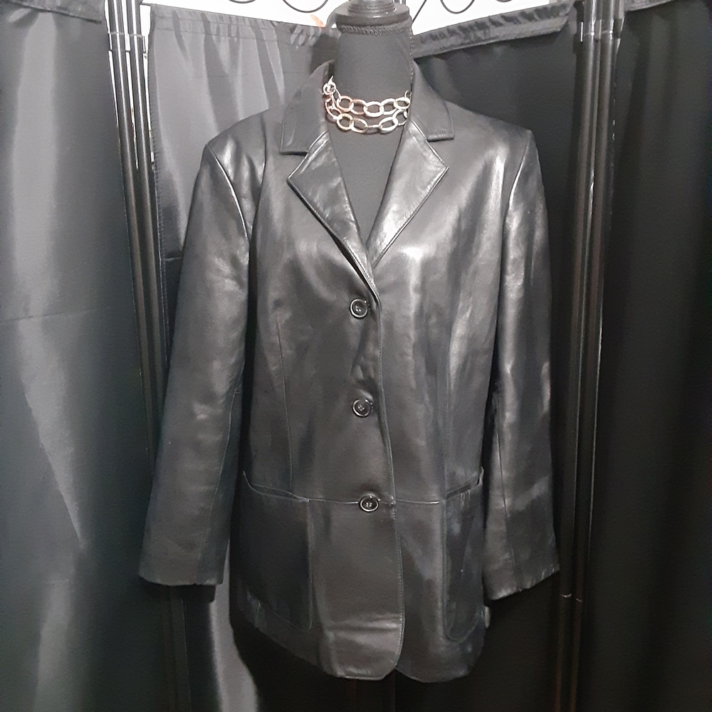 Preston & York Genuien Lamb Skin Leather Black Jacket Button Up Womem's L